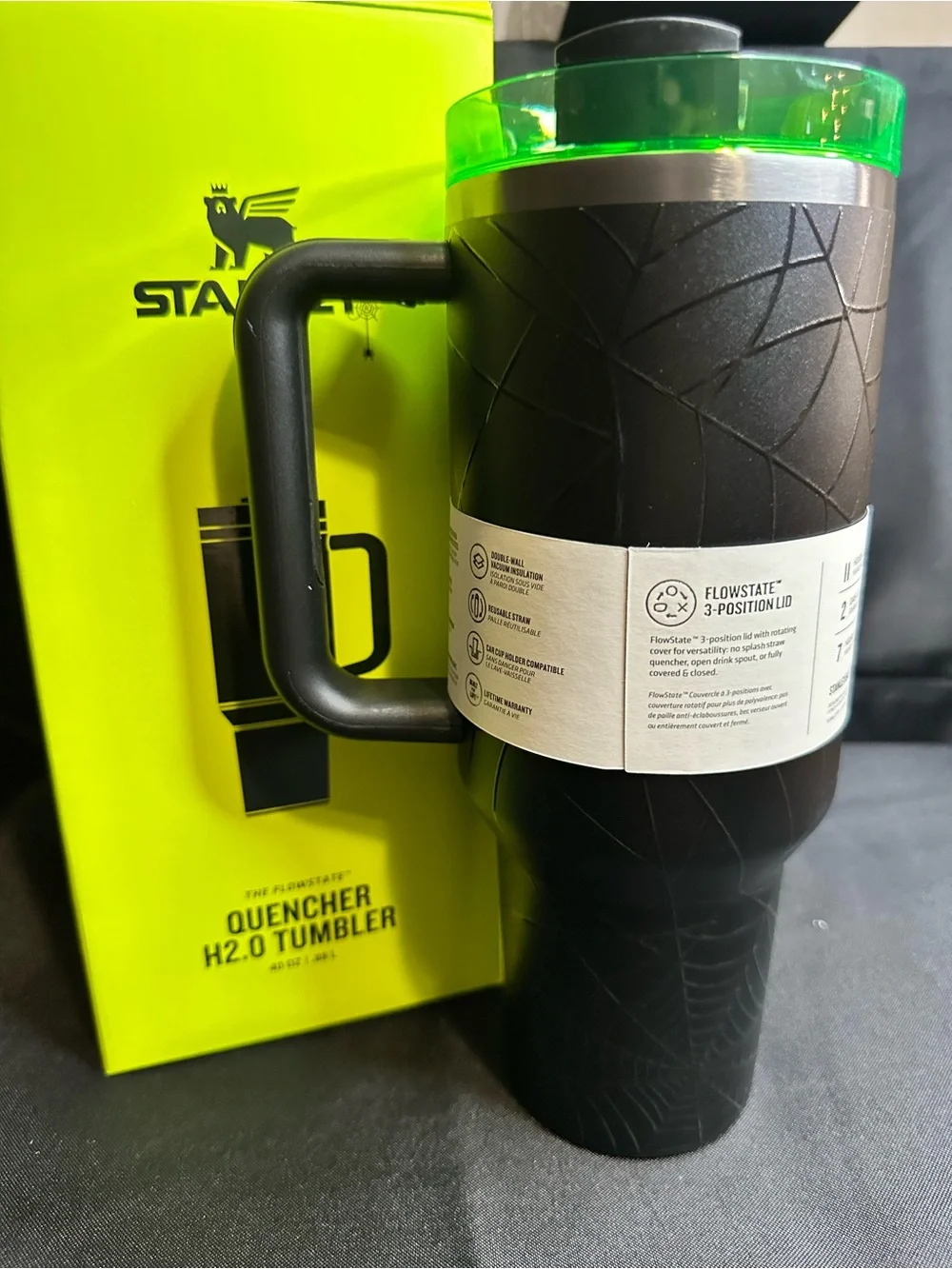 Stanley Black Tumbler with Neon Green Lid - Picture 4 of 4